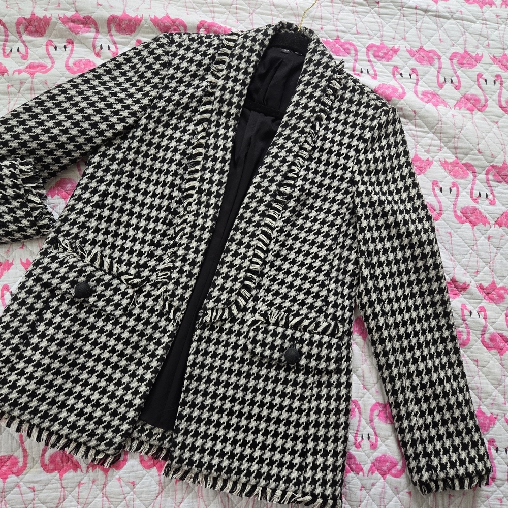EXPRESS Blazer Coat Houndstooth Black and White - Picture 10 of 13